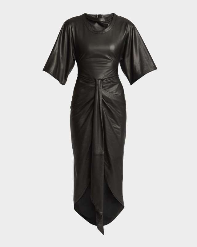 Knotted Leather Short-Sleeve Midi Dress